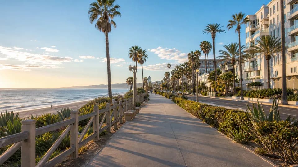 A palm-lined oceanfront walking path in Santa Monica.